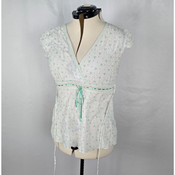Gemini Blouse Women's XL White Green Floral Embordering Front & Back Ties Wrap - Picture 11 of 16